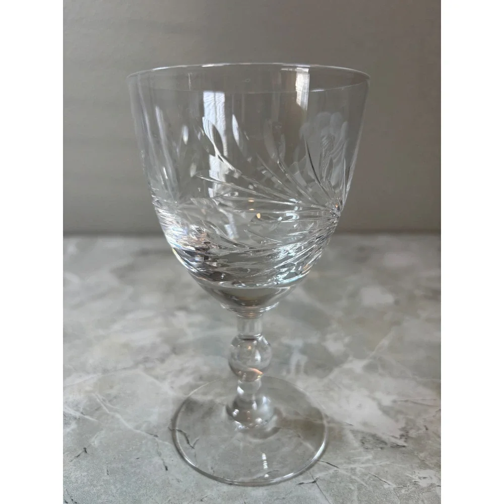 Vintage Etched Crystal Wine Goblet Floral Wheat Design Ball Stem 5.5 Inch‎